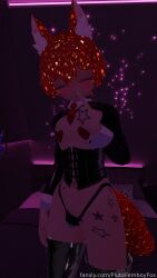 corset cuffs femboy fox fox_ears fox_humanoid fox_tail glowing_eyes green_eyes happy kemonomimi latex lewdtuber male pasties pluto_the_foxboy plutofemboyfox red_hair reverse_bunnysuit smiling space star_tattoo star_tattoos stars tattoos virtual_youtuber vr vrchat vrchat_avatar vrchat_model