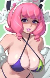 1girls 2023 beauty_mark bikini breasts cleavage female female_only hi_res huge_breasts human klara_(pokemon) light-skinned_female light_skin mole mole_on_breast mole_under_mouth naughty_face navel nintendo pink_hair pokemon pokemon_ss pokemon_ss_isle_of_armor purple_eyes rizdraws solo solo_female swimsuit thick_lips thick_thighs wide_hips