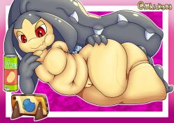 2_mouths belly bored bored_expression chips_(food) chubby_belly female feral food generation_3_pokemon genitals hi_res lying lying_on_ground mawile mhicky93 multi_mouth navel nintendo on_side phone pokemon pokemon_(species) pussy sammie_(mhicky93) scarf slightly_chubby solo thick_thighs