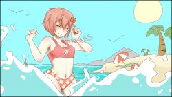 1girls adorable artist_name bikini both_eyes_closed bow breasts cg cleavage closed_eyes cute doki_doki_literature_club doki_doki_salvation_(mod) female game_cg hairbow just_sayori navel palm_tree red_bow red_hair_bow red_hairbow sayori_(doki_doki_literature_club) strawberry_blonde_hair sun tree warbles_doodles water wholesome