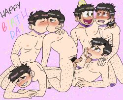 anal_penetration anal_sex birthday_sex blushing blushing_profusely body_hair brothers chubby cum eye_contact group half-closed_eyes hand_on_back hand_on_neck incest licking_penis making_out matsuno_choromatsu matsuno_ichimatsu matsuno_jyushimatsu matsuno_karamatsu matsuno_osomatsu matsuno_todomatsu muscular open_mouth orgy osomatsu-san penis precum pubic_hair tanline thin twincest uncircumcised uncut underweight yaoi