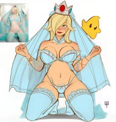big_breasts blonde_hair blush breasts female hair_over_one_eye kneeling lingerie luma mario_(series) pinup princess_rosalina reference_image super_mario_galaxy tagme_(artist)