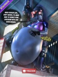 2girls 3d belly belly_bulge big_belly big_belly_bulge blue_hair blue_skin blue_skinned_female breasts digestion digestion_noises fatal fatal_vore female_pred female_prey hand_on_belly implied_vore long_hair looking_at_belly oral_vore overwatch same_size_vore sniper sniper_rifle soft_vore talking_to_prey thyrianlab tracer vore vore_belly widowmaker