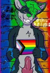 absurd_res anthro black_body black_fur canid canine canis criminal fur genitals helloawoo hi_res lgbt_pride looking_at_viewer male mammal nude penis pride_color_flag pride_colors razz_chowtime slim smile smirk solo solo_focus solo_male wolf