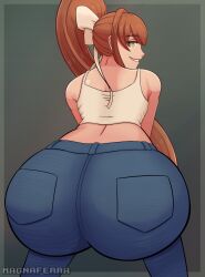 alternate_version_available bow brown_hair clothing commission doki_doki_literature_club green_eyes grin jeans magna_ferra monika_(doki_doki_literature_club) ponytail showing_ass white_bow