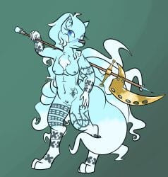 2023 alolan_form alolan_ninetales anthro axe breasts camel_toe canid canine cordeliusroma_(artist) digital_drawing_(artwork) digital_media_(artwork) female fox genitals mammal melee_weapon ninetales nintendo nude pokemon pokemon_(species) polearm pussy regional_form_(pokemon) solo tattoo voulge weapon weapon_on_shoulder