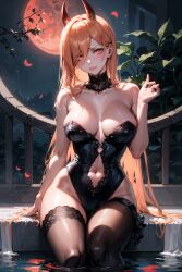 1girls ai_generated bangs bare_shoulders black_leotard black_thighhighs blonde_hair blush breasts chainsaw_man cleavage clothing_cutout collarbone demon demon_girl demon_horns female female_only full_moon hand_up head_tilt highleg highleg_leotard highres horns large_breasts leotard long_hair looking_at_viewer moon navel navel_cutout night ninerniner orange_eyes parted_lips petals power_(chainsaw_man) red_horns sitting soaking_feet solo stable_diffusion strapless strapless_leotard symbol-shaped_pupils thighhighs thighs very_long_hair water