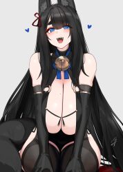 1girls animal_ears artist_signature beauty_mark black-haired_fox_girl_(hayabusa) black_gloves black_hair blue_eyes blue_hearts covered_nipples female female_only fox_ears fox_girl fox_tail gloves happy hayabusa heart huge_breasts light-skinned_female light_skin long_gloves long_hair looking_at_viewer open_mouth original solo