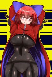 1girls akatsuki_records big_breasts bodysuit cloak hands_behind_head latex_bodysuit latex_dress latex_legwear latex_suit light-skinned_female red_eyes red_hair rock_'n'_rock_'n'_beat rock_n_rock_n_beat seireiart sekibanki skin_tight skin_tight_suit smile thick_thighs touhou