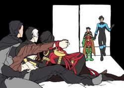 arched_back arms_over_shoulders arms_tied batcest batman batman_(bruce_wayne) batman_(series) bruce_wayne caught_in_the_act damian_wayne dc dc_comics dick_grayson gay humor interrupted iterativeglue jason_todd male nightwing red_hood_(dc) red_robin robin_(damian_wayne) robin_(dc) sandwiched threesome tied_wrists tim_drake walked_in_on yaoi