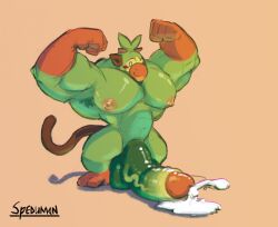 1boy anthro anthro_only biceps cum erect_nipples flexing green_body grookey highres hyper_penis male male_only muscular muscular_male penis pokémon_(species) pokemon solo spedumon tail veiny_penis