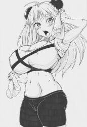 1girls ahoge bangs blush cameltoe double_bun eyebrows_visible_through_hair female ha_jin large_breasts long_hair midriff monochrome navel nipple_bulge pencil_(artwork) renka_(senran_kagura) skindentation solo sports_bra sportswear standing sweat towel