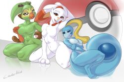 3girls anthro bare_shoulders belly big_breasts blue_eyes breasts cinderkiss color colored covering_crotch eyes female female_only fingers green_fur grookey highres looking_at_viewer mouth_open multiple_girls naked navel nude open_mouth pokémon_(species) pokeball pokemon pokemon_ss red_eyes scorbunny smile sobble starter_trio tail teeth tongue tongue_out