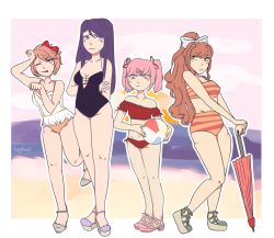 4girls 5_fingers :/ :i :| artist_name ball bathing_suit beach beach_ball blep blue_eyes blush bow breasts cannibalrot cleavage doki_doki_literature_club female female_only green_eyes hairbow hand_behind_back long_hair monika_(doki_doki_literature_club) multiple_girls natsuki_(doki_doki_literature_club) ocean one_eye_closed pink_eyes pink_hair purple_eyes purple_hair red_bow red_hair_bow red_hairbow sandals sayori_(doki_doki_literature_club) shoes strawberry_blonde_hair thick_thighs thighs tongue tongue_out transparent_background umbrella water yuri_(doki_doki_literature_club)