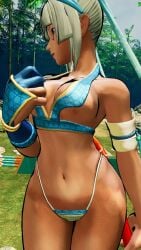 1girls 3d archery big_breasts bikini blue_eyes busty child_bearing_hips cleavage curvy dark-skinned_female eyepatch female female_only green_hair hi_res hips large_breasts legs long_hair majikina_mina navel ponytail samurai_shodown snk solo thighs thong_bikini voluptuous