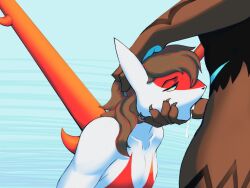 anthro blue_eyes bodily_fluids brown_body brown_fur cum cum_in_mouth cum_inside duo fur generation_3_pokemon generation_7_pokemon genital_fluids girly hehel hi_res holding_mouth latias legendary_pokemon male nintendo oral pokemon pokemon_(species) zeraora