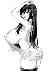 asanagi ass back backless_dress backless_outfit bare_shoulders blush breasts dress female gigantic_breasts greyscale highres long_hair looking_at_viewer looking_back meme_attire monochrome open_mouth original sideboob sidelocks smile solo solo_female thighhighs thighs virgin_killer_sweater