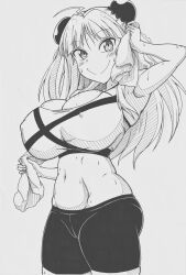 1girls ahoge bangs blush cameltoe double_bun eyebrows_visible_through_hair female ha_jin large_breasts long_hair midriff monochrome navel nipple_bulge pencil_(artwork) renka_(senran_kagura) skindentation solo sports_bra sportswear standing sweat towel