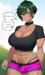 1futa ai_generated athletic_futanari bulge clothed dark_skin futanari futasub green_eyes green_hair larger_futanari morgan_(xdk141) novelai pov spiked_collar toned toned_female xdk141