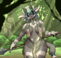 1girls 2023 black_sclera blue_hair breasts claws cyan_eyes female female_only furry furry_only grey_body grey_fur mask medium_breasts navel sleepiness18 solo spear tail tribal