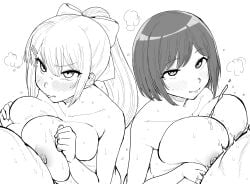 2boys 2girls alternate_breast_size asian asian_female big_breasts blush breasts cum cum_between_breasts ejaculation ejaculation_between_breasts embarrassed embarrassed_nude_female engulfing_paizuri female hair_ribbon heavy_breathing higuchi_kaede kaiman_garupan large_breasts looking_at_partner male monochrome nijisanji nipples nude nude_female paizuri ponytail projectile_cum shizuka_rin straight sweat virtual_youtuber