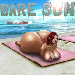 beach big_ass bikini breasts dark_skin female giant_ass huge_ass human jennifur_vultee maggie_bluxome_(artist) red_hair second_life