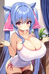 1girls ai_generated animal_ears barely_clothed blue_hair blush bottomless cleavage clothed collarbone hair_ornament hair_ribbon hourglass_figure huge_breasts looking_at_viewer massive_breasts nai_diffusion o.o original pink_eyes pixai riko_(shuz) shortstack skindentation slim_waist stable_diffusion stockings tank_top thick_thighs thighhighs tight_clothing twintails wide_hips