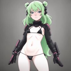 1girls ai_generated blue_eyes frown green_hair micro_bikini shoulder_pads small_breasts stable_diffusion toned wrist_cuff