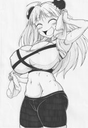 1girls ahoge bangs blush cameltoe double_bun eyebrows_visible_through_hair female ha_jin large_breasts long_hair midriff monochrome navel nipple_bulge pencil_(artwork) renka_(senran_kagura) skindentation solo sports_bra sportswear standing sweat towel