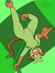 anthro breasts fingers grookey highres lewdiceberg looking_at_viewer monkey nipples pokémon_(species) pokemon pussy smiling smiling_at_viewer swinging teeth upside-down