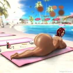 beach big_ass bikini breasts dark_skin female giant_ass huge_ass human jennifur_vultee maggie_bluxome_(artist) red_hair second_life