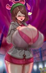 alternate_body_type alternate_breast_size blush breast_expansion cleavage closed_eyes dekapaiyukari dynamax giantess gloria_(pokemon) huge_breasts musical_note pokemon pokemon_ss taller_girl