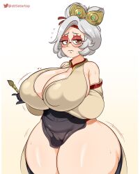 1girls blush breasts female glasses huge_breasts large_breasts light-skinned_female light_skin nintendo purah purah_(tears_of_the_kingdom) red_eyes startop tears_of_the_kingdom the_legend_of_zelda thick_thighs white_hair wide_hips