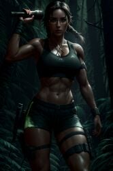 abs ai_generated big_breasts dick_sucking_lips forest glasses lara_croft muscles muscular_female shorts sweat sweatdrop thick_thighs toastiness tomb_raider