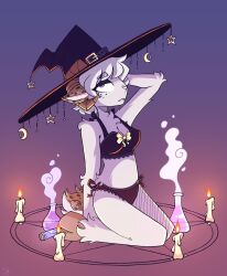 belt_buckle black_bra black_panties bottle bottles bow bow_bra bra breasts candle candle_wax candles candlestick cleavage crunnchy_(artist) fur furry goat goat_girl goat_horns goat_humanoid hat headwear hooves horn horns lit_candle lit_candles matching_underwear moon panties pentagram perky_breasts potion potion_bottle star witch_hat