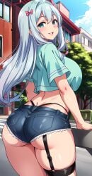 aged_up ai_generated ass denim_shorts eromanga_sensei from_behind huge_ass izumi_sagiri lips looking_at_viewer outdoors smile stable_diffusion street thigh_strap