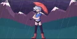 1girls artist_name black_panties boots bra_strap crunnchy crunnchy_(artist) female mountain mountains panties rain raining red_umbrella screenshot shirt umbrella weather youtube_source yuki_(crunnchy)