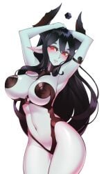 black_hair blush breasts cleavage demon demon_girl grey_skin halphelt horns large_breasts long_hair pointy_ears red_eyes smile solo