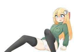 1girls after_masturbation black_thighhighs blonde_hair blue_eyes blushing daebom female female_only green_jacket hair_ornament leaning_back light-skinned_female light_skin long_hair panties small_breasts solo spread_legs t-34-57 t-34-57(old) t34_family thighhighs war_thunder wet_panties white_background white_panties