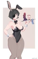 big_ass big_breasts bunny_ears bunnysuit chainsaw_man cleavage condom condom_wrapper detectiveneko dildo female female_only himeno_(chainsaw_man) light-skinned_female light_skin looking_at_viewer lube serving_tray smile smiling_at_viewer thick_thighs tie waitress wide_hips wine