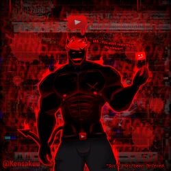 1boy bara beard bulge chest_hair daddy demon dilf fangs glitch horns kendrick kendrick_nsfw kensaku_(artist) kyoitekina male_only original original_character pow's_termination pubic_hair pubic_hair_peek red_beard red_eyes red_hair red_suit roblox robloxian smirk solo solo_focus suit terminator_(pow's_termination) youtube youtube_logo