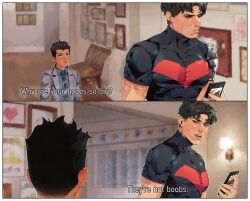 2boys batman_(series) buff curious damian_wayne dc dc_comics english_text fully_clothed funny jason_todd male male_only meme movie_reference muscular muscular_male pecs phone red_hood_(dc) robin_(damian_wayne) robin_(dc) text