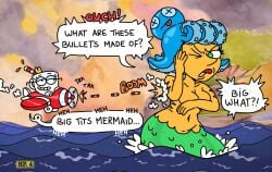 2girls brianne cala_maria cosplay cuphead cuphead_(game) female female_only keith_stack leslie mermaid plane tanned_skin topless wacky_lesbian_hour