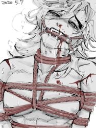 blood blush bondage demon_boy demon_slayer douma drooling fangs gag gagging kimetsu_no_yaiba long_hair long_hair_male looking_at_viewer male male_only nosebleed pipipi restricted_palette rope rope_bondage rope_harness solo spiky_hair spot_color sweat upper_body