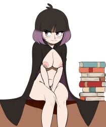 1girls black_hair blush books breasts cape cape_only female female_only hilda_(series) kaisa_(hilda) large_breasts mangamaster navel nipples pale-skinned_female pale_skin pink_nipples purple_eyes purple_hair sitting solo thighs two_tone_hair white_background wide_hips