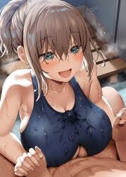 1boy 1girls abs artist_name artist_signature belko blue_swimsuit brown_hair cleavage cleavage_cutout couple cum cum_under_clothes female fit_male getsuyoubi_no_tawawa green_eyes happy holding_hands huge_breasts indoors light-skinned_female light-skinned_male locker_room long_hair maegami-chan_(tawawa) male navel one-piece_swimsuit open_mouth open_mouth_smile paizuri paizuri_under_clothes ponytail school_swimsuit steam sweat teacher_and_student toned_male tongue