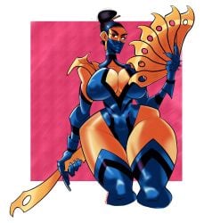 1girls big_breasts big_thighs black_hair blue_clothing breasts clyde_tanksley ear_piercing ear_ring earrings edenian fan female female_only fully_clothed gold_(metal) gold_jewelry kitana mask masked masked_female mortal_kombat solo solo_female thighs weapon