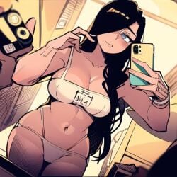 1girls aesthetic ai_generated belly_button big_breasts black_hair blue_eyes bra clothing female female_only light-skinned_female light_skin long_hair original selfie tagme underwear