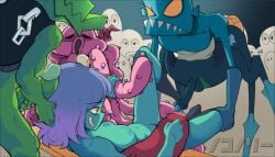 3boys alien alien_girl audience being_watched breasts creature crowd gradient_hair grin imminent_gangbang imminent_sex kusokeeki lying lying_on_back midori_(space_patrol_luluco) monster nude nude_female penis purple_hair space_patrol_luluco voyeur