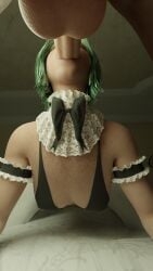 big_penis blowjob blue_eyes bottom_view ela_(rainbow_six) green_hair kjthegrimreaper maid_collar maid_headdress maid_outfit rainbow_six_siege runny_makeup socks underwear